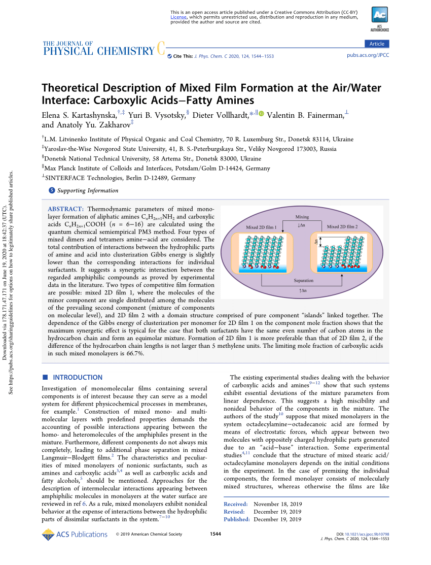 Pdf Theoretical Description Of Mixed Film Formation At The Air Water Interface Carboxylic Acids Fatty Amines