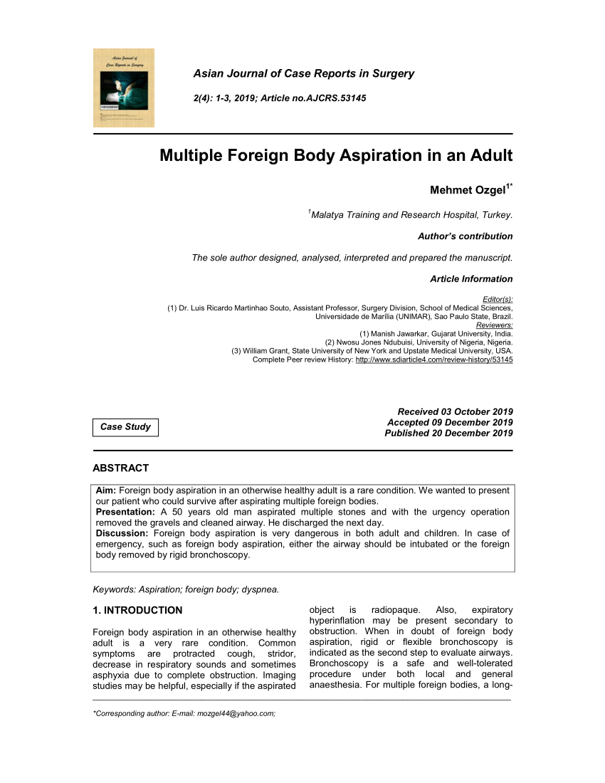 Pdf Multiple Foreign Body Aspiration In An Adult 3328