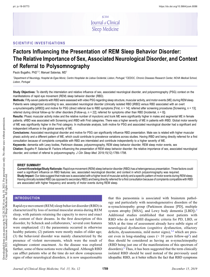 Pdf Factors Influencing The Presentation Of Rem Sleep Behavior Disorder The Relative 5129