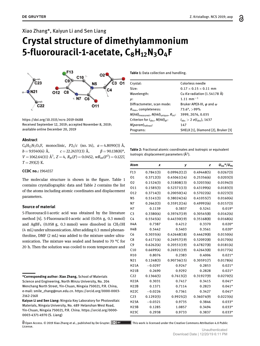 Pdf Crystal Structure Of Dimethylammonium 5 Fluorouracil 1 Acetate C8h12n3o4f