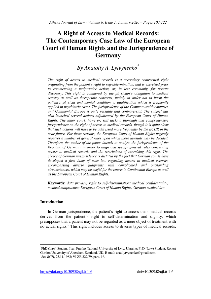 Pdf A Right Of Access To Medical Records The Contemporary Case Law Of The European Court Of Human Rights And The Jurisprudence Of Germany