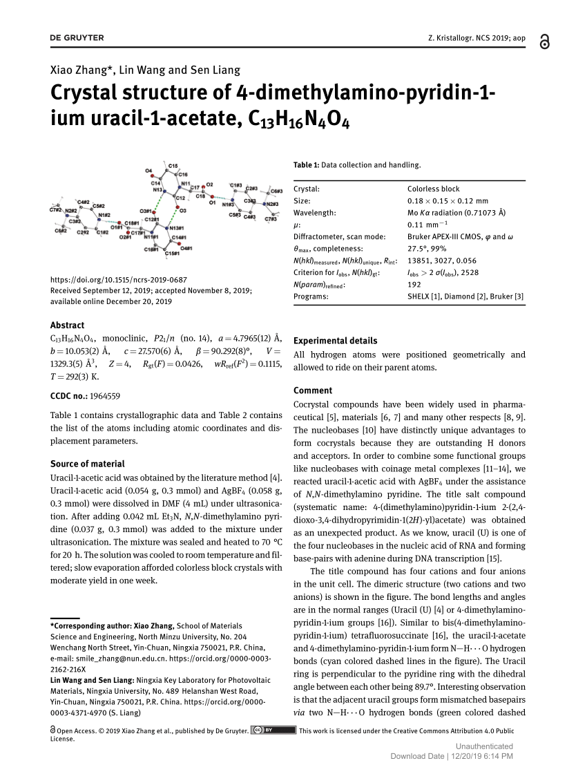 Pdf Crystal Structure Of 4 Dimethylamino Pyridin 1 Ium Uracil 1 Acetate C13h16n4o4