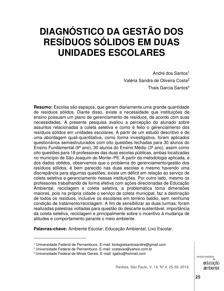 Pdf Diagnóstico Da Gestão Dos Resíduos Sólidos Em Duas Unidades Escolares 6418