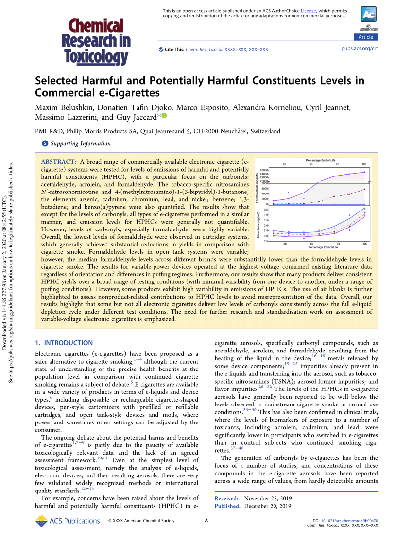 Pdf Selected Harmful And Potentially Harmful Constituents Levels In Commercial E Cigarettes