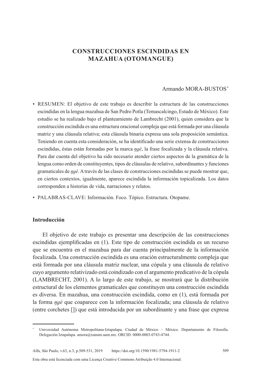 PDF) CONSTRUCCIONES ESCINDIDAS EN MAZAHUA (OTOMANGUE)