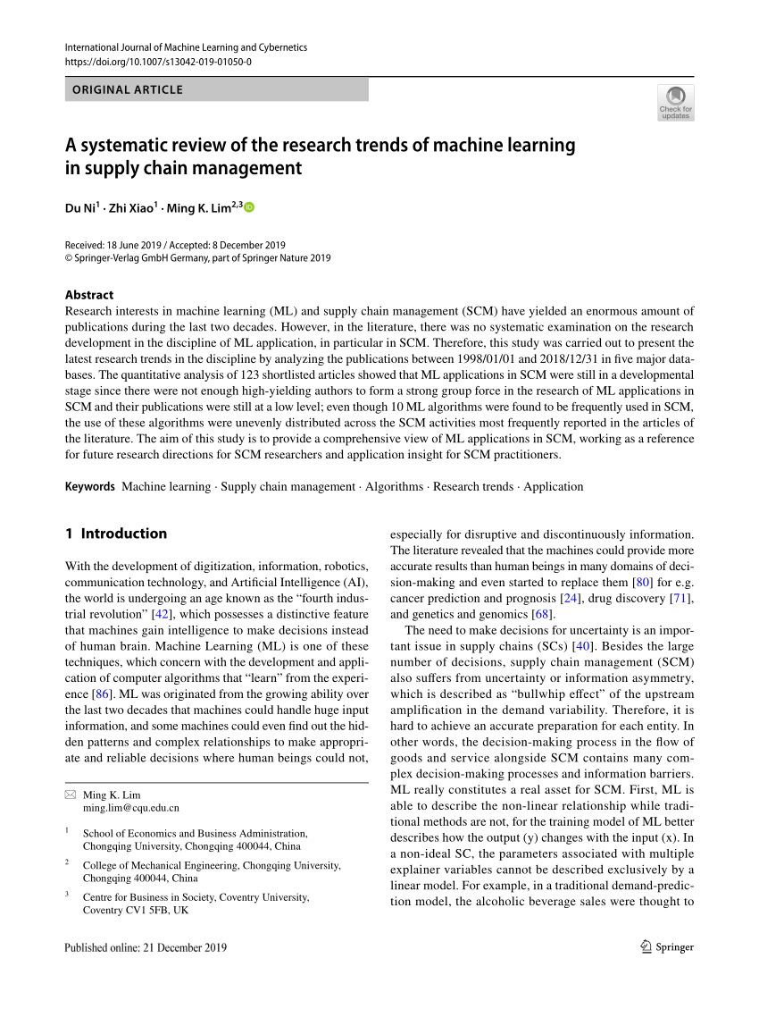 Pdf A Systematic Review Of The Research Trends Of Machine Learning In Supply Chain Management
