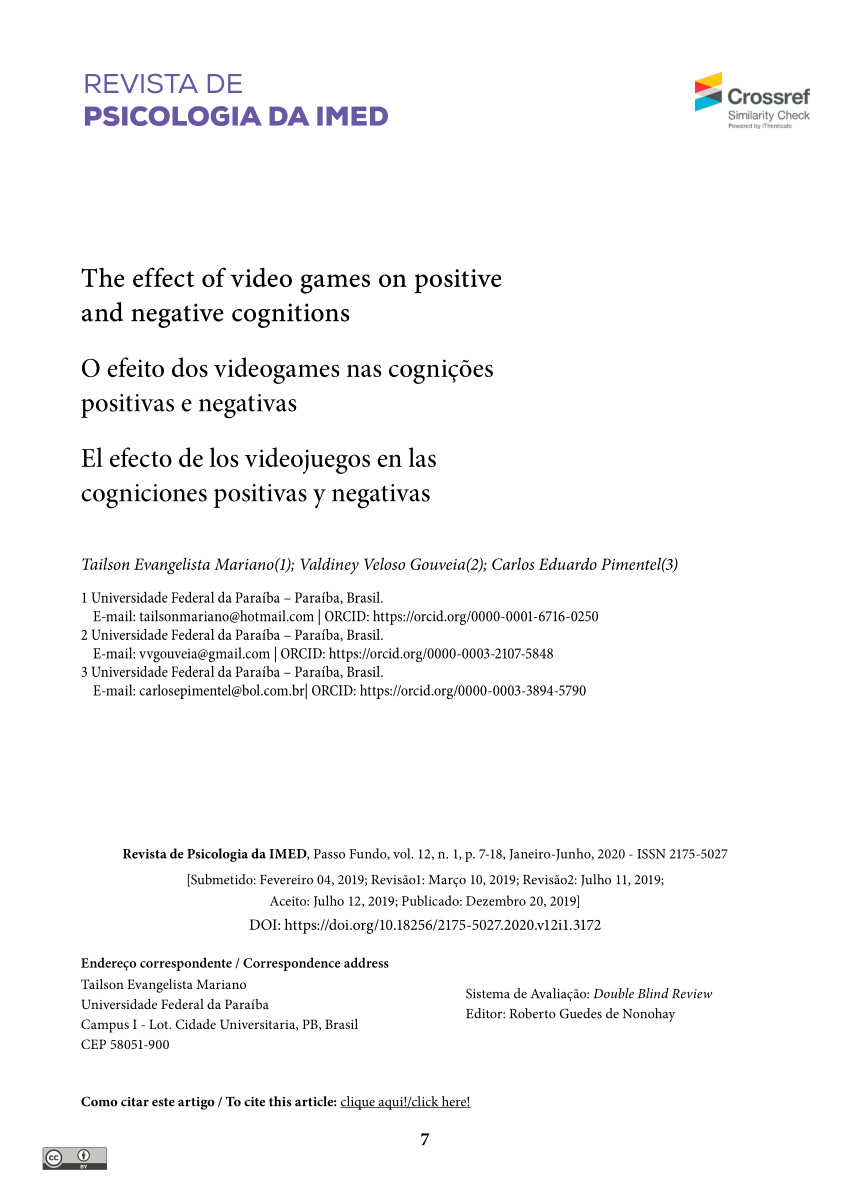 Pdf The Effect Of Video Games On Positive And Negative Cognitions