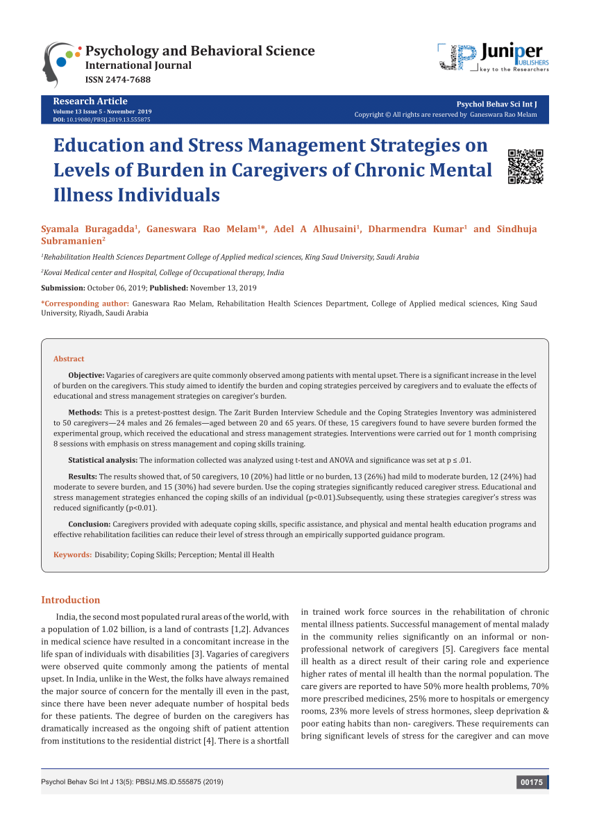 PDF) Education and Stress Management Strategies on Levels of Burden in  Caregivers of Chronic Mental Illness Individuals