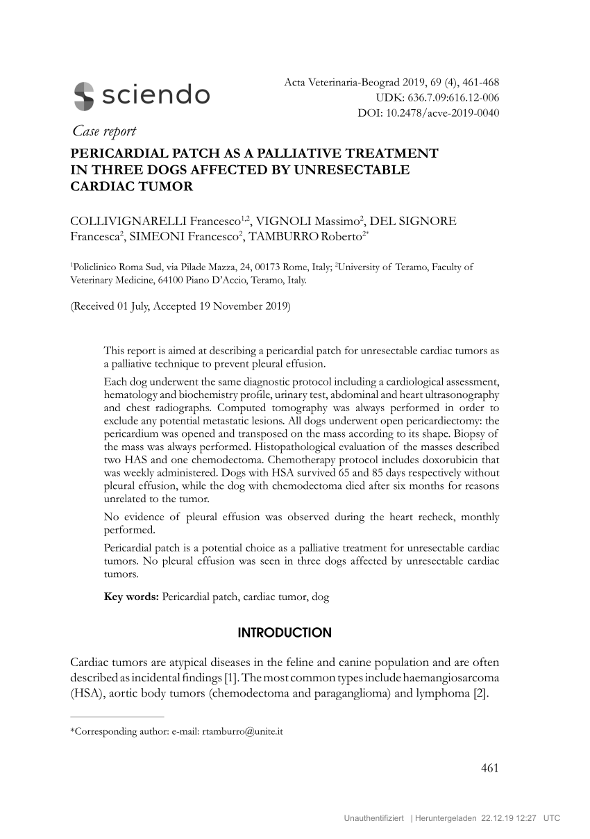 Pdf Pericardial Patch As A Palliative Treatment In Three Dogs Affected By Unresectable Cardiac Tumor