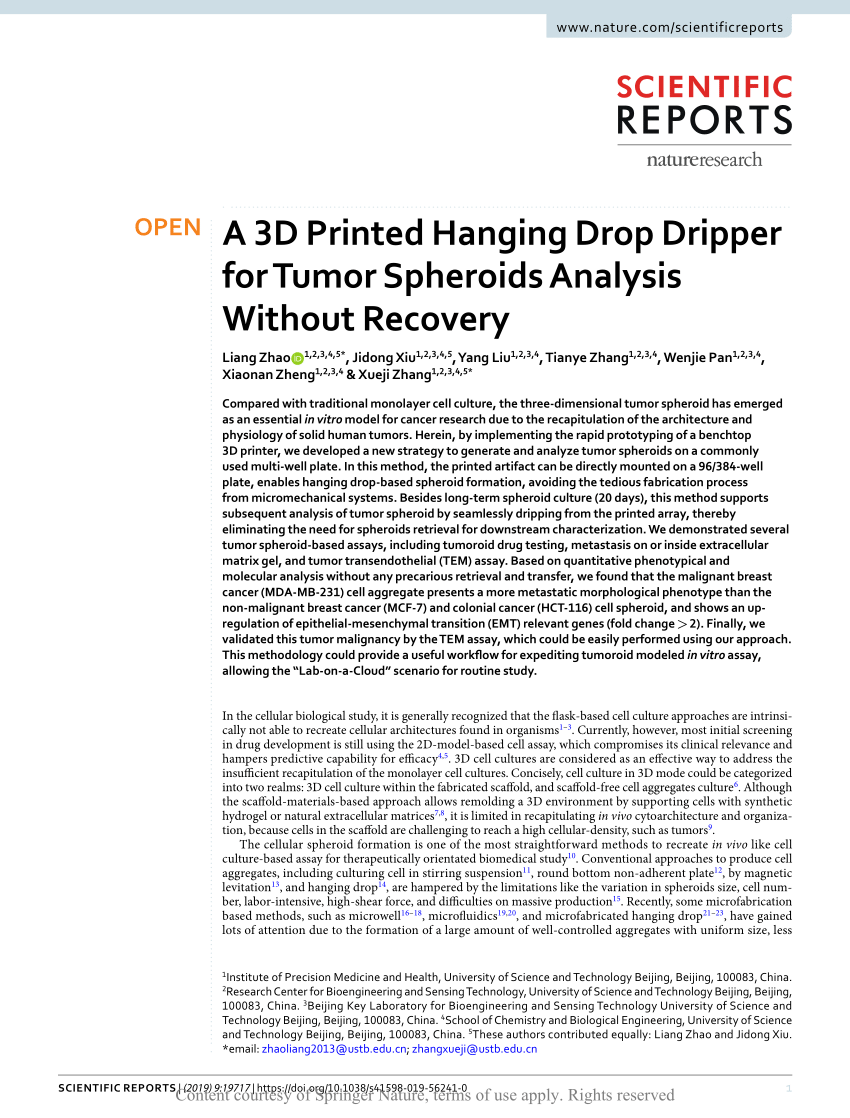 Pdf A 3d Printed Hanging Drop Dripper For Tumor Spheroids Analysis Without Recovery
