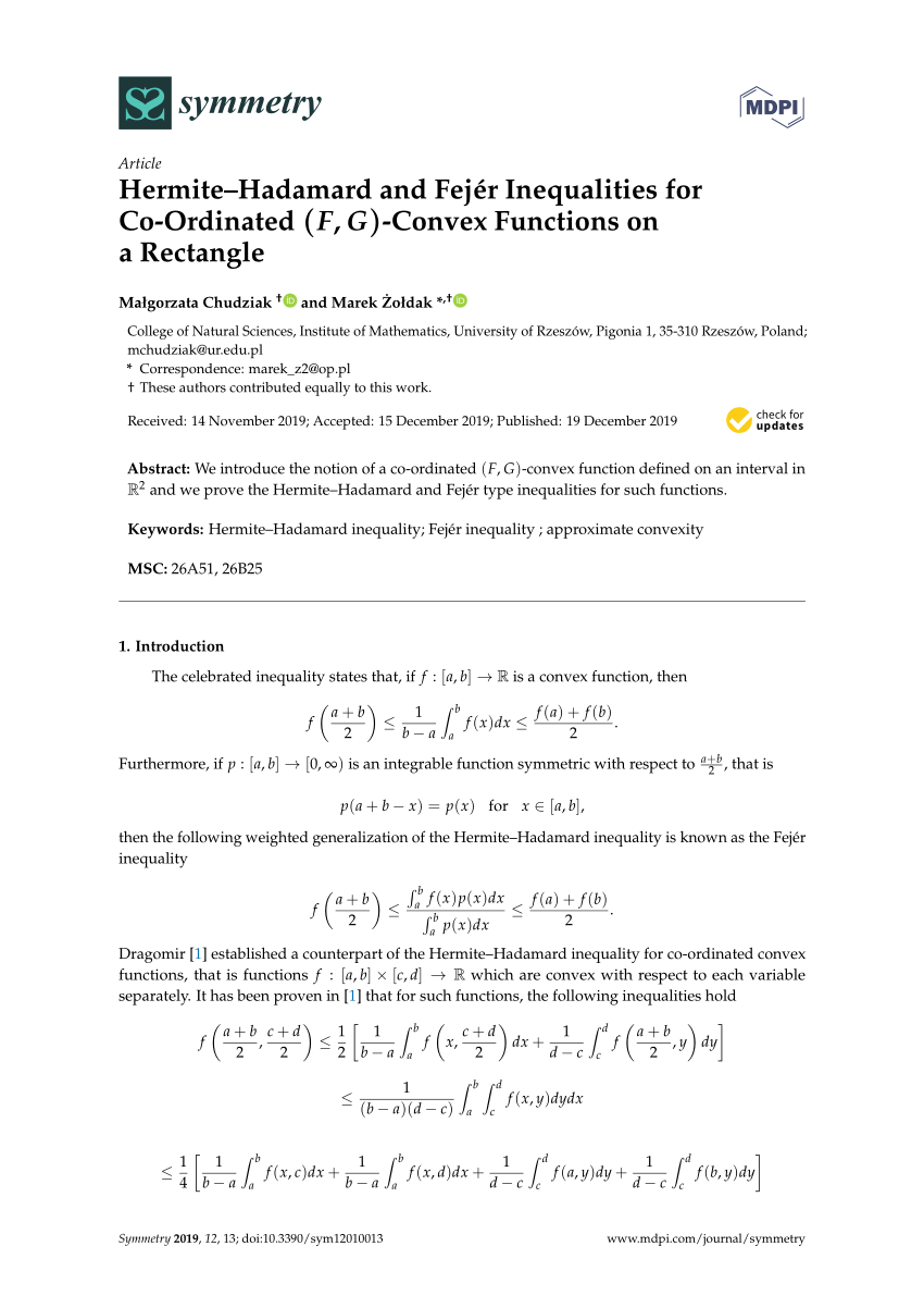 Pdf Hermite Hadamard And Fejer Inequalities For Co Ordinated F G Convex Functions On A Rectangle