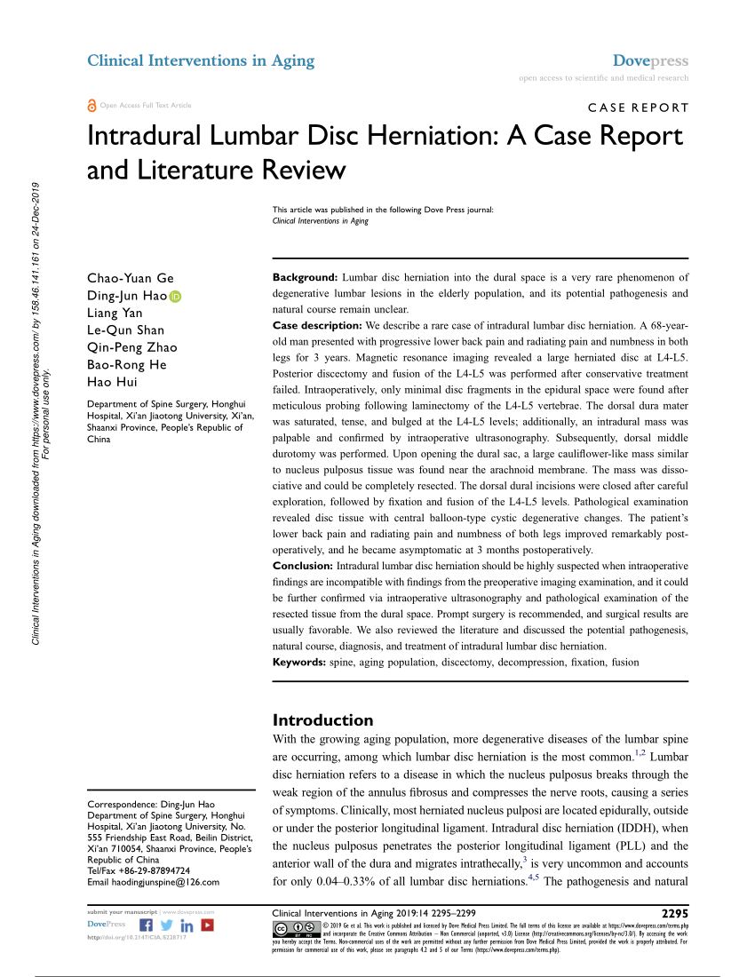 Pdf Intradural Lumbar Disc Herniation A Case Report And Literature Review