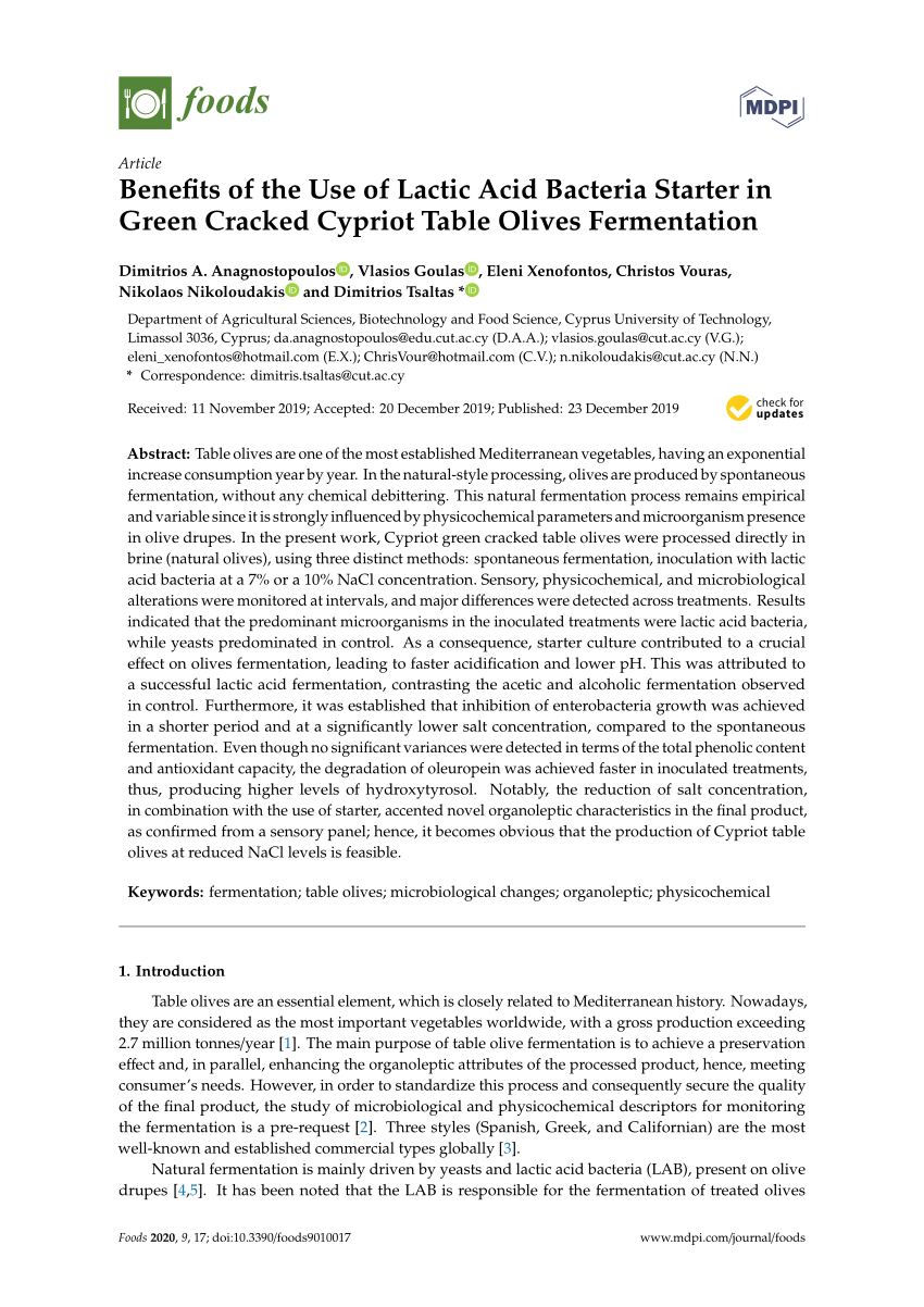 Pdf Benefits Of The Use Of Lactic Acid Bacteria Starter In Green Cracked Cypriot Table Olives Fermentation