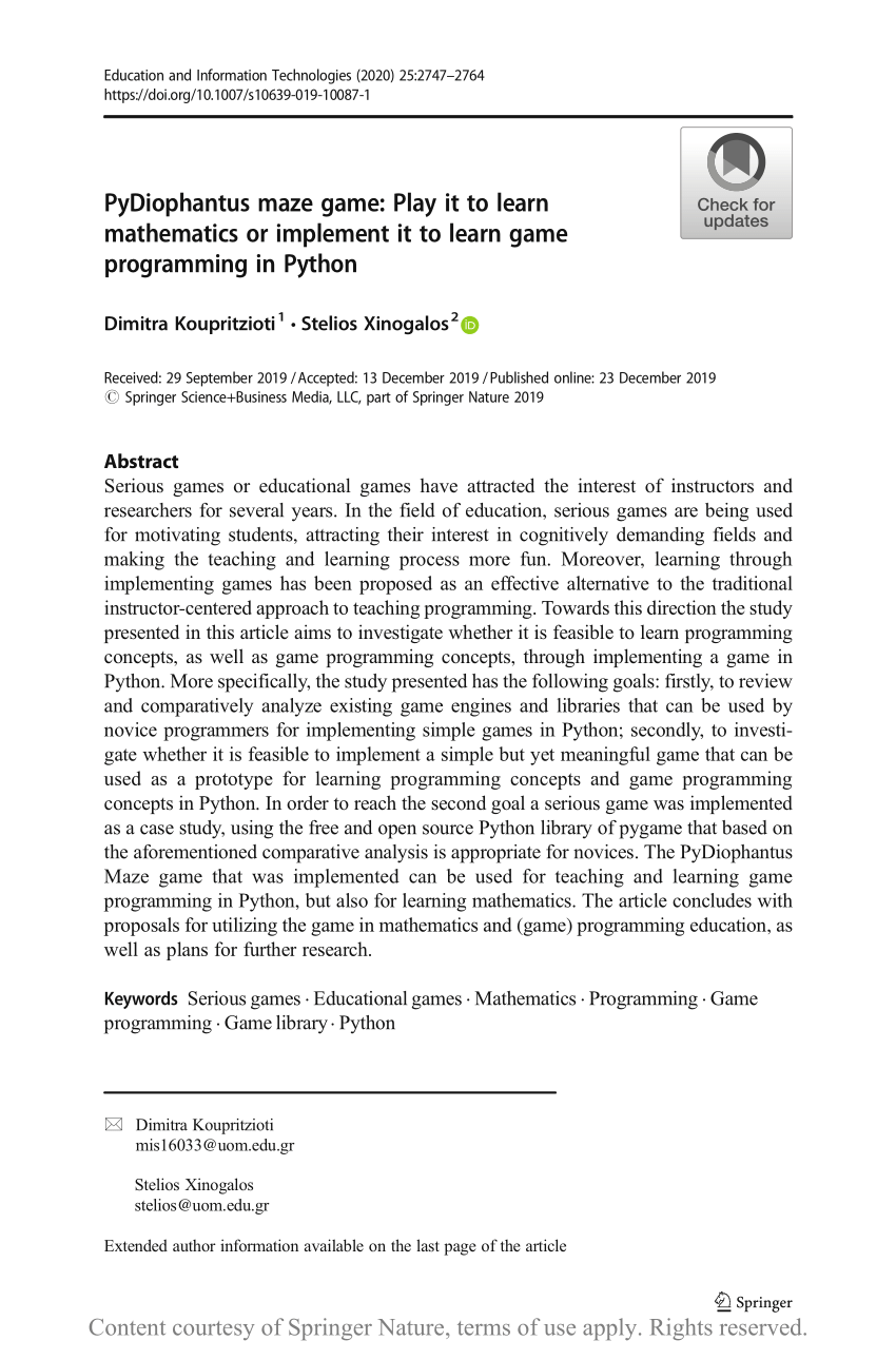 PyDiophantus maze game: Play it to learn mathematics or implement it to  learn game programming in Python | Request PDF