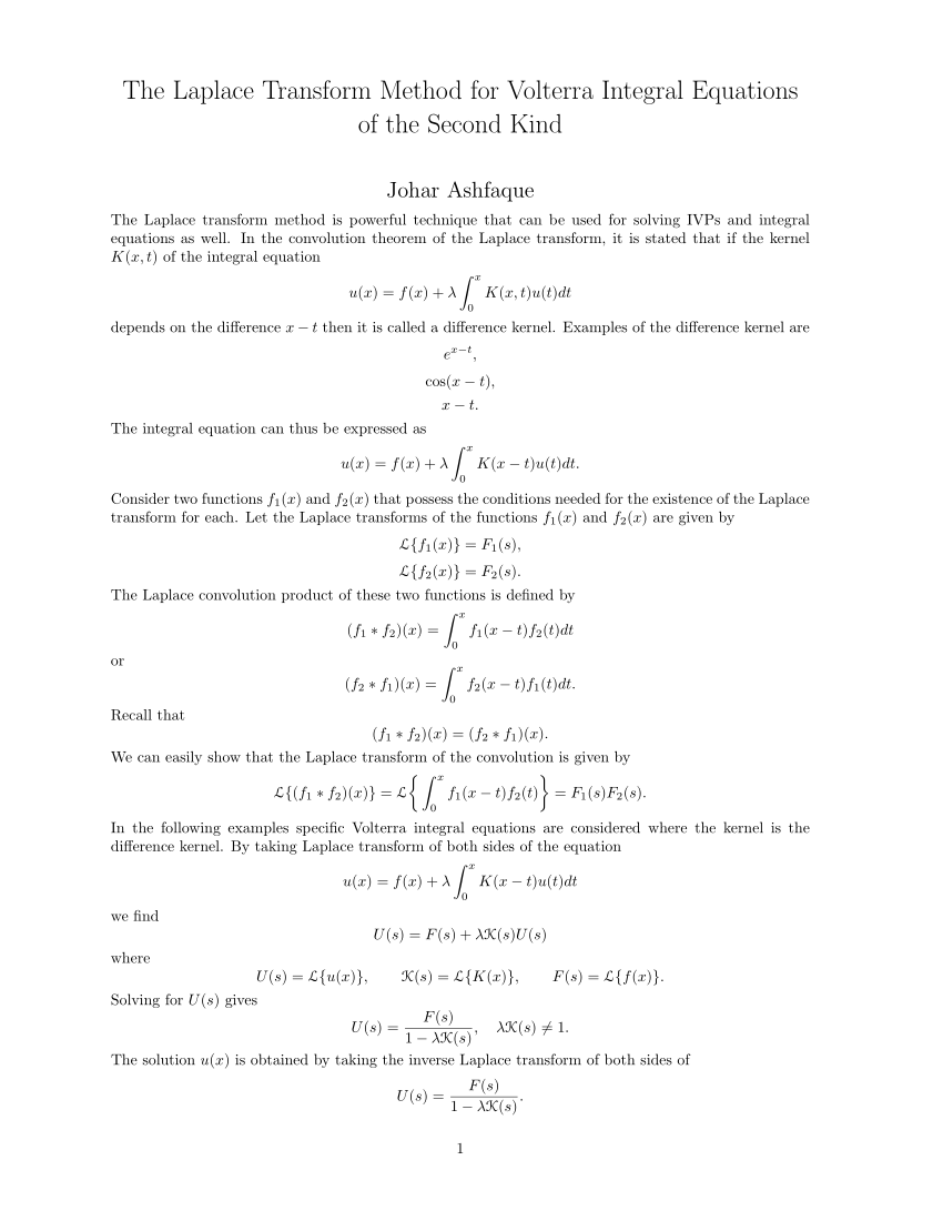 Pdf The Laplace Transform Method For Volterra Integral Equations Of The Second Kind