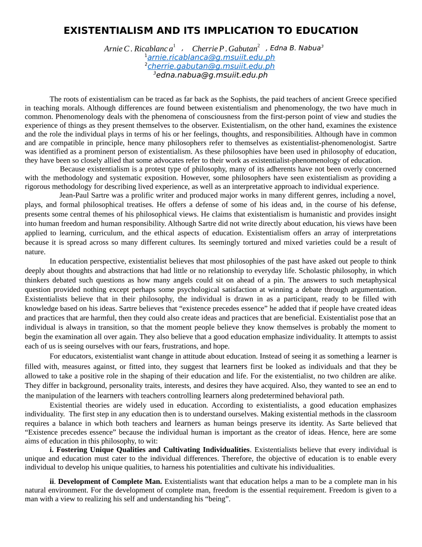 importance of existentialism in education essay