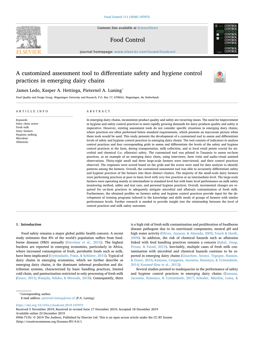 Pdf A Customized Assessment Tool To Differentiate Safety And Hygiene Control Practices In Emerging Dairy Chains