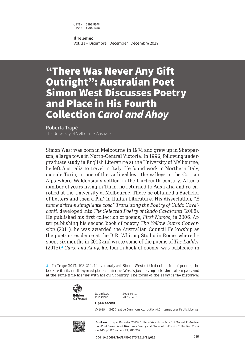 Pdf There Was Never Any Gift Outright Australian Poet Simon West Discusses Poetry And Place In His Fourth Collection Carol And Ahoy