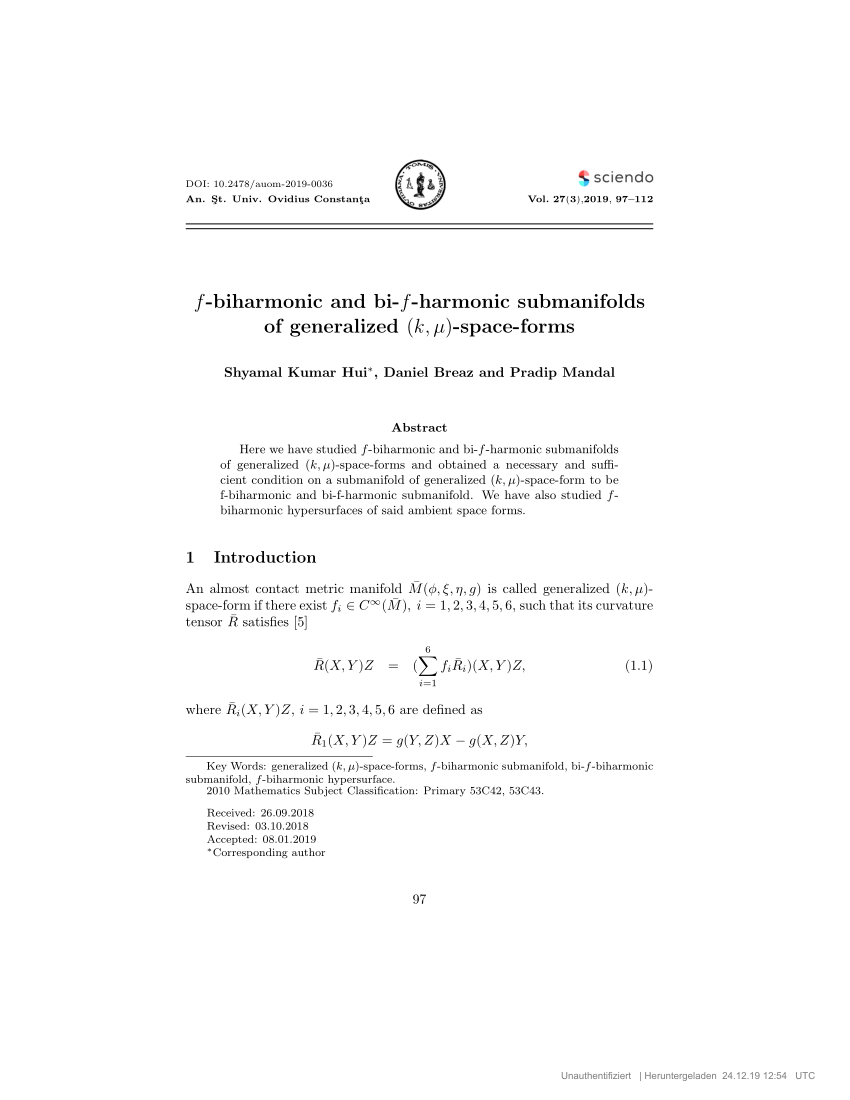 Pdf F Biharmonic And Bi F Harmonic Submanifolds Of Generalized K µ Space Forms