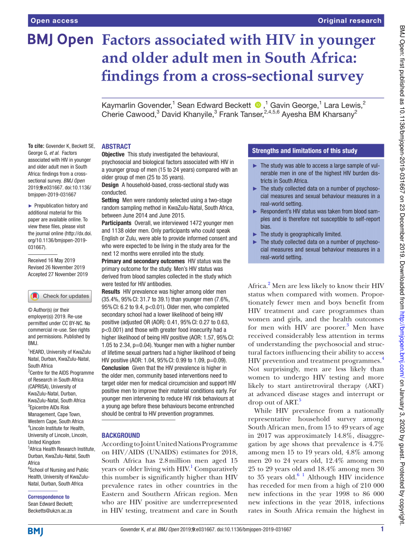 Pdf Factors Associated With Hiv In Younger And Older Adult Men In South Africa Findings From 