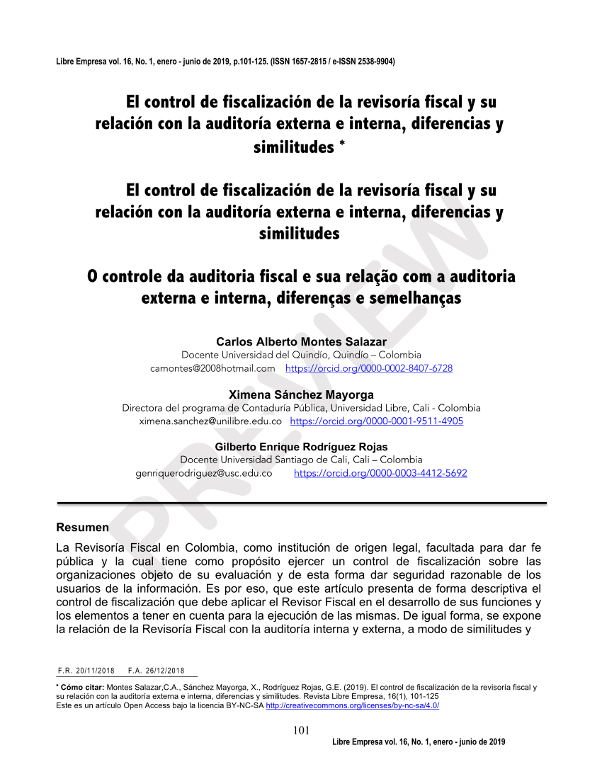 Pdf El Control De Fiscalización De La Revisoría Fiscal Y Su Relación