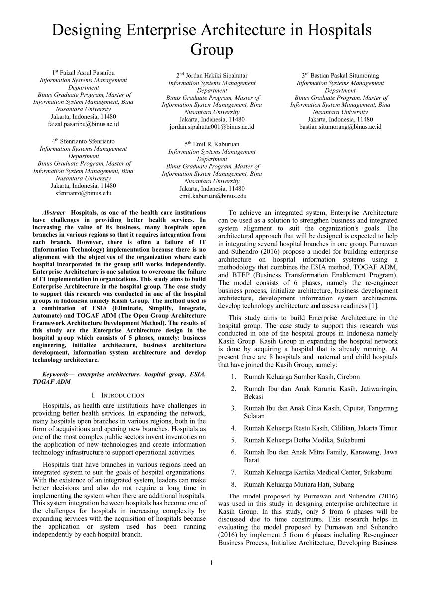 Pdf Designing Enterprise Architecture In Hospitals Group