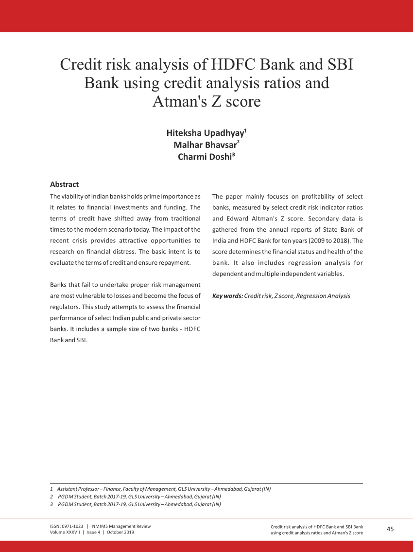 Pdf Credit Risk Analysis Of Hdfc Bank And Sbi Bank Using Credit Analysis Ratios And Atmans Z 4017