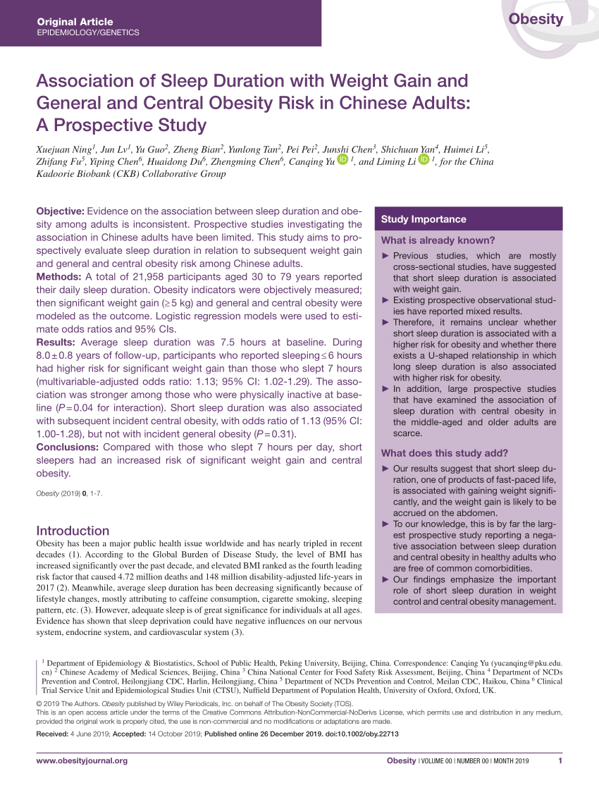 Short sleep duration may lead to central obesity, weight gain for Chinese  adults