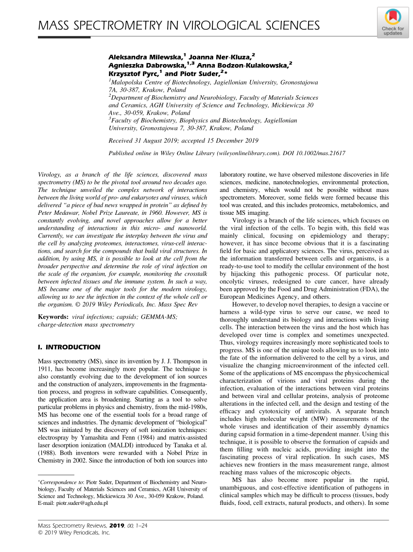 PDF) MASS SPECTROMETRY IN VIROLOGICAL SCIENCES
