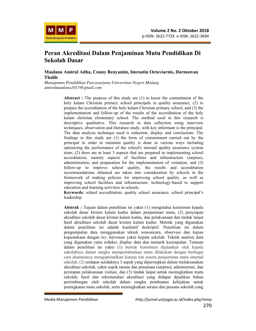 Pdf Peran Akreditasi Dalam Penjaminan Mutu Pendidikan Di Sekolah Dasar