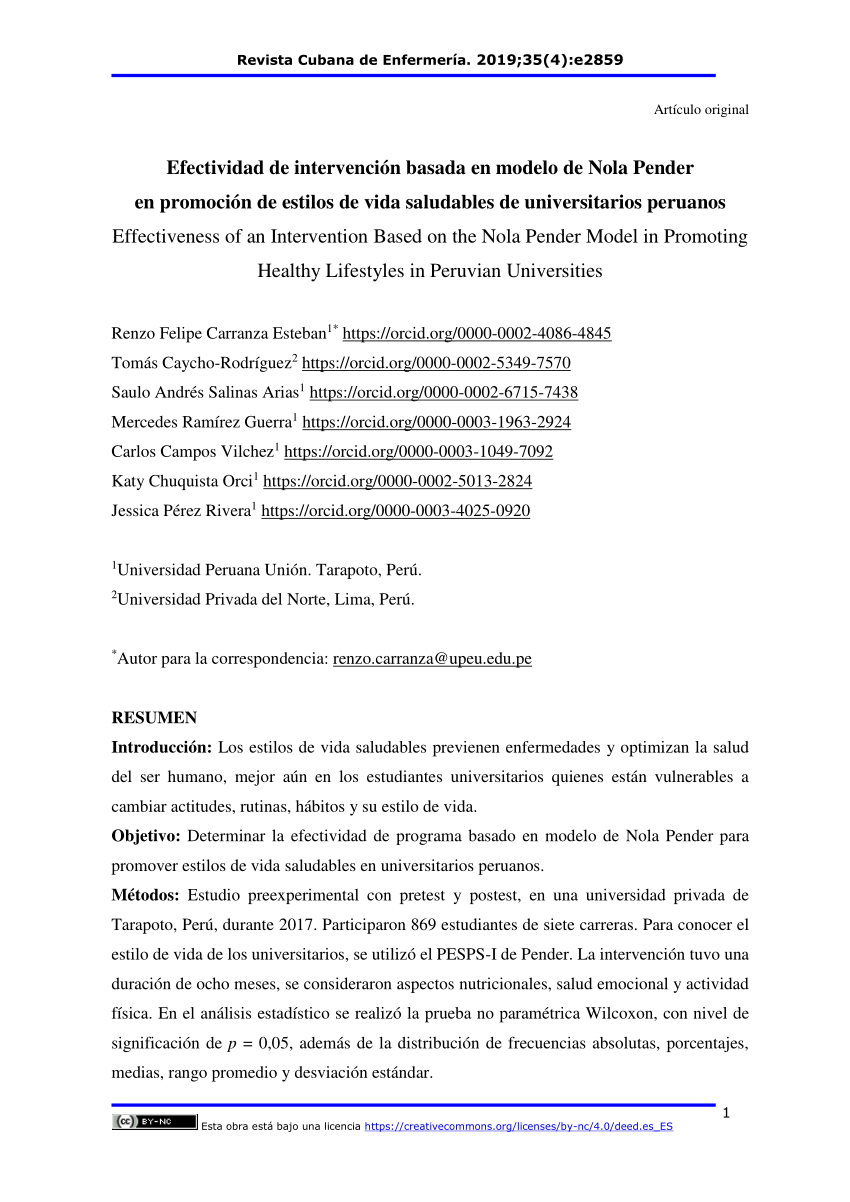 PDF) Efectividad de intervención basada en modelo de Nola Pender sobre el  estilo de vida de universitarios peruanos 2019