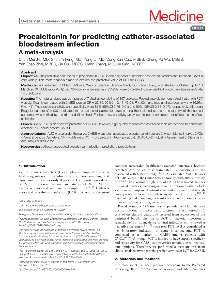 PDF) Procalcitonin for predicting catheter-associated bloodstream 