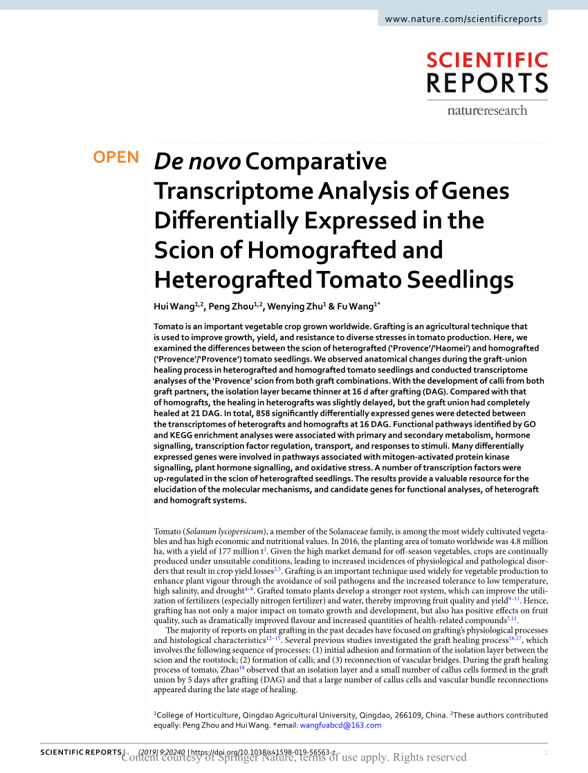 Pdf De Novo Comparative Transcriptome Analysis Of Genes Differentially Expressed In The Scion Of Homografted And Heterografted Tomato Seedlings