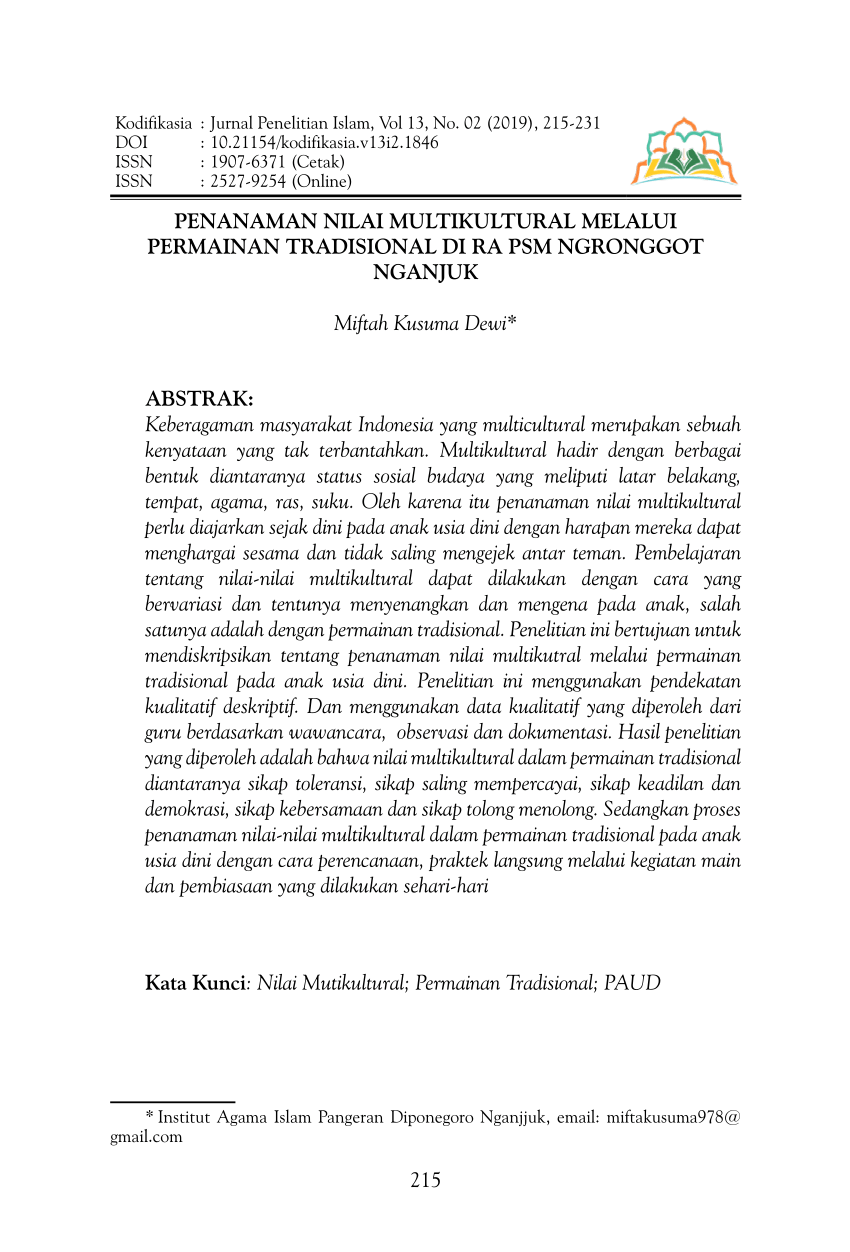 Pdf Penanaman Nilai Multikultural Melalui Permainan Tradisional Di Ra Psm Ngronggot Nganjuk