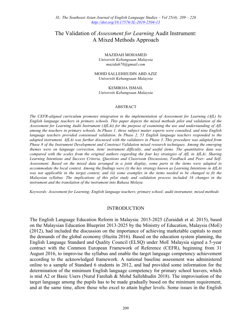 PDF) The Validation of Assessment for Learning Audit Instrument: A 