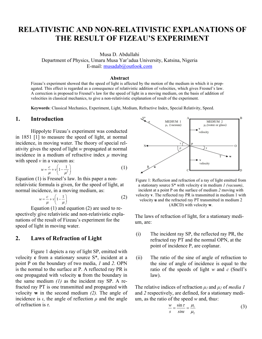 Pdf Relativistic And Non Relativistic Explanations Of The Result Of Fizeau S Experiment