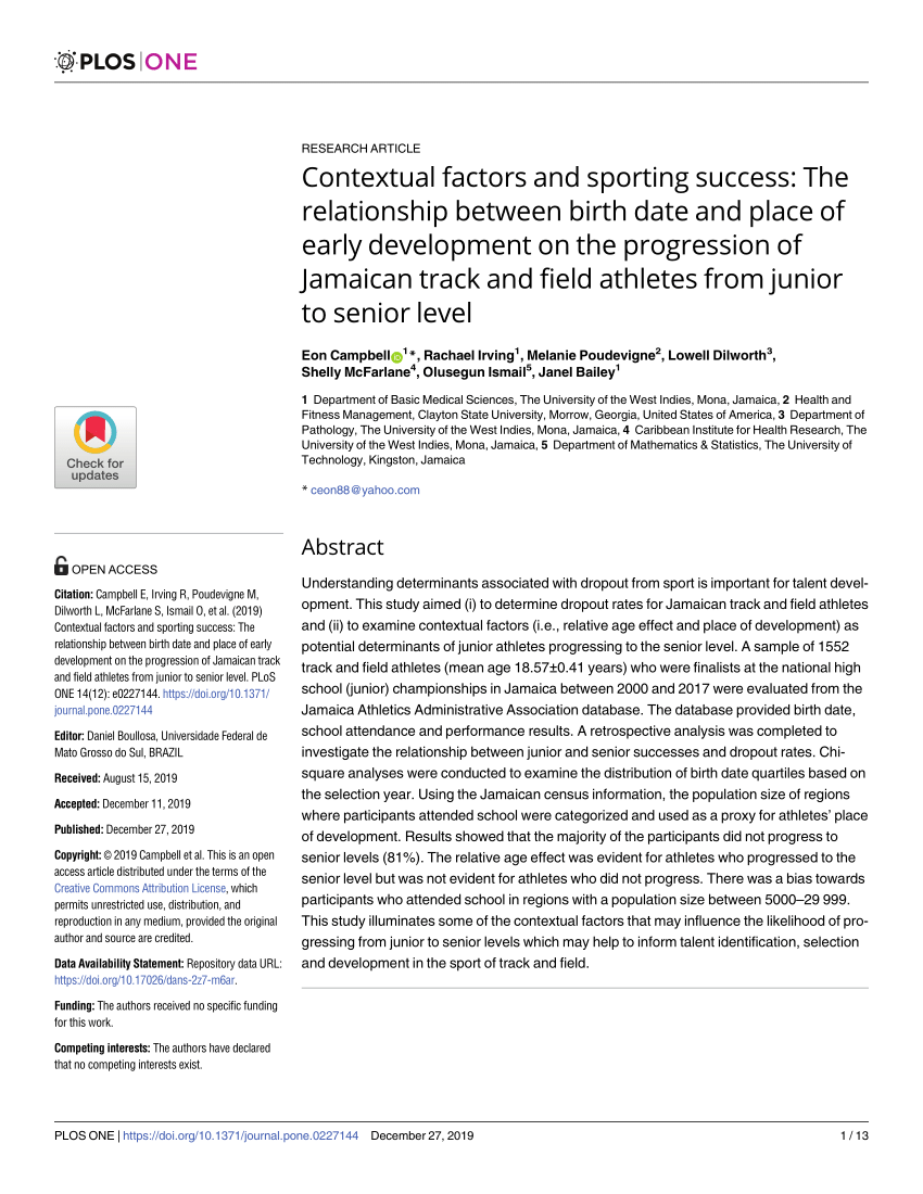 Pdf Contextual Factors And Sporting Success The Relationship Between Birth Date And Place Of Early Development On The Progression Of Jamaican Track And Field Athletes From Junior To Senior Level