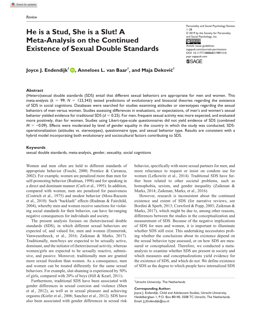 PDF) He is a Stud, She is a Slut! A Meta-Analysis on the Continued Existence of Sexual Double Standards