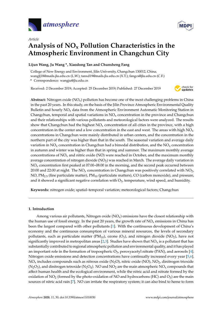 Pdf Analysis Of Nox Pollution Characteristics In The Atmospheric Environment In Changchun City