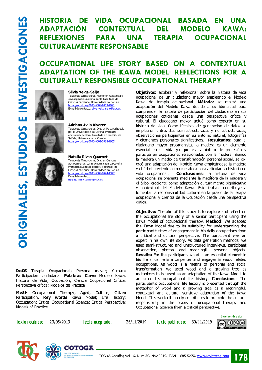 PDF) Historia de vida ocupacional basada en una adaptación contextual del  Modelo Kawa: Reflexiones para una Terapia Ocupacional Culturalmente  Responsable