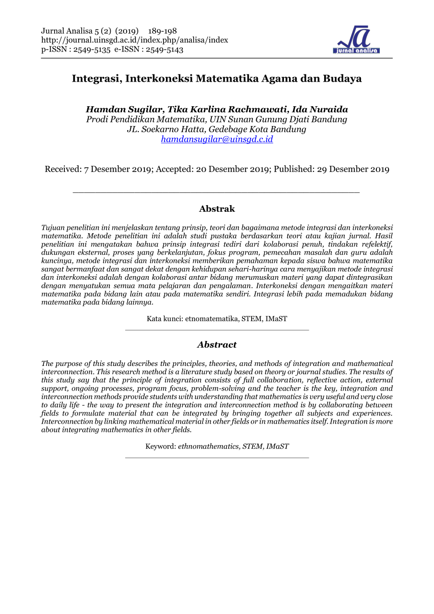 Pdf Integrasi Interkoneksi Matematika Agama Dan Budaya