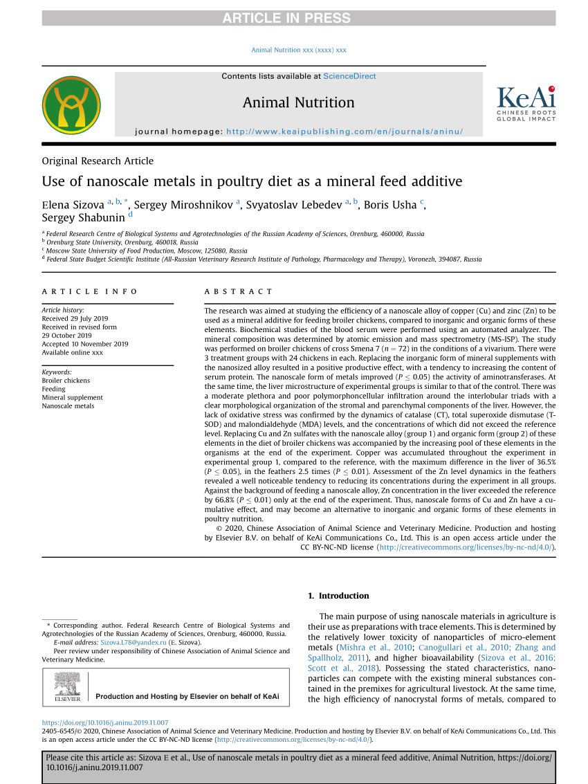 PDF) Use of nanoscale metals in poultry diet as a mineral feed additive