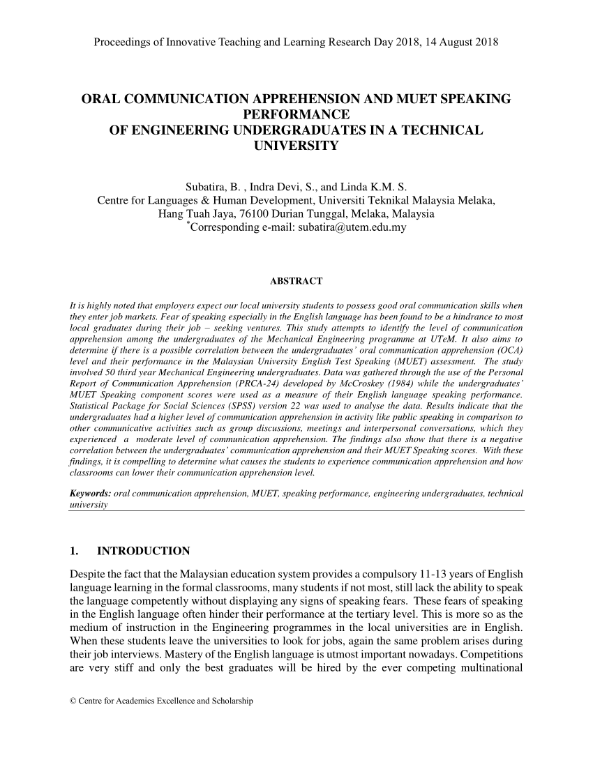 Pdf Oral Communication Apprehension And Muet Speaking Performance Of Engineering Undergraduates In A Technical University