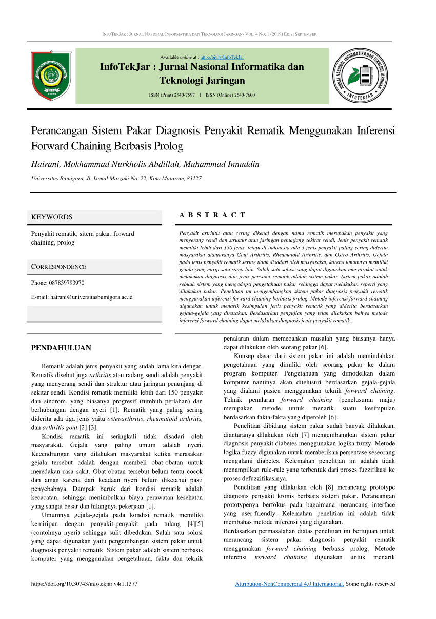 Pdf Perancangan Sistem Pakar Diagnosis Penyakit Rematik Menggunakan Inferensi Forward Chaining 7297