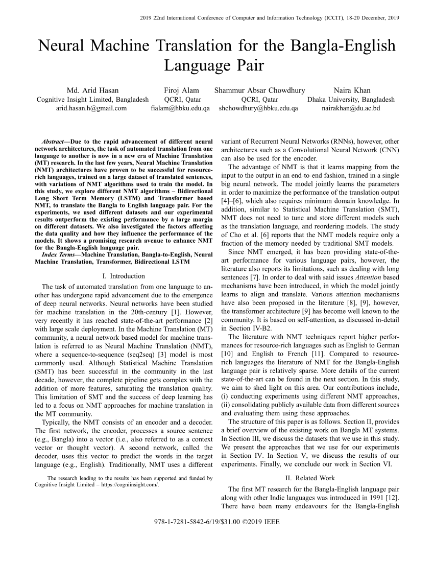 Pdf Neural Machine Translation For The Bangla English Language Pair