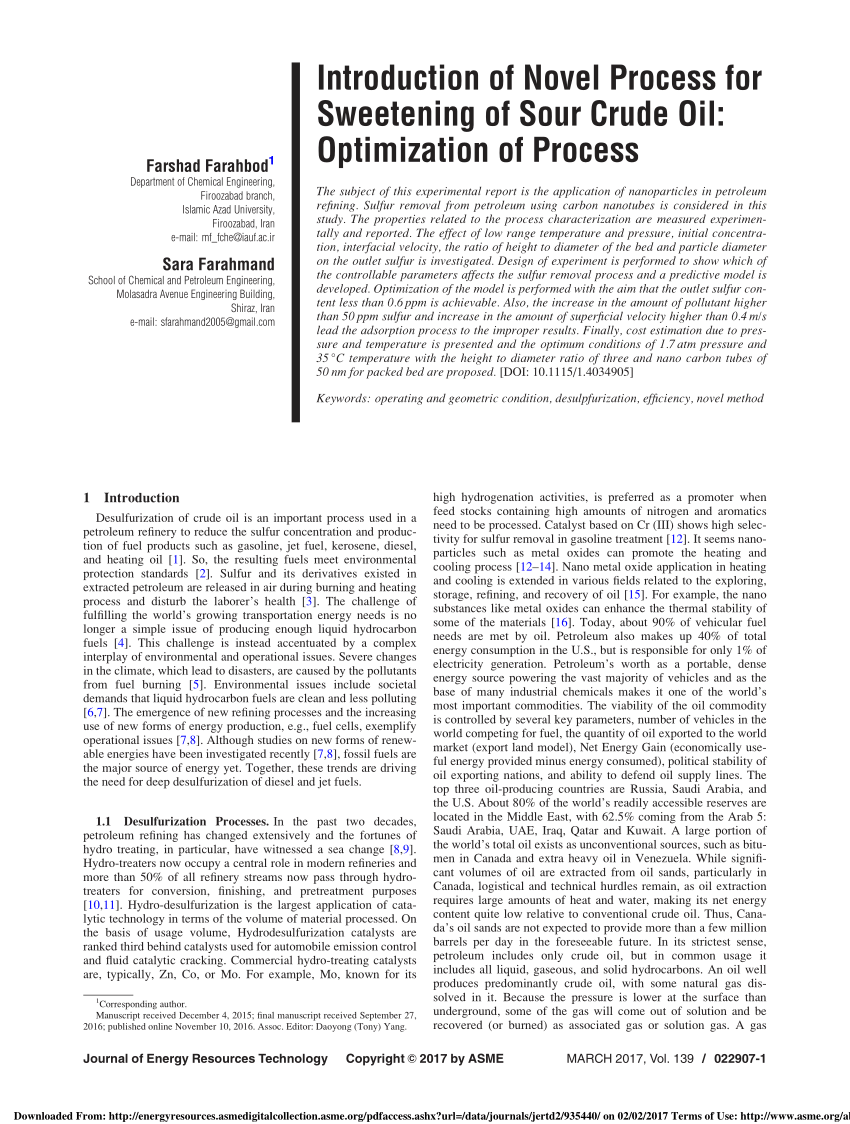Pdf Introduction Of Novel Process For Sweetening Of Sour Crude Oil Optimization Of Process