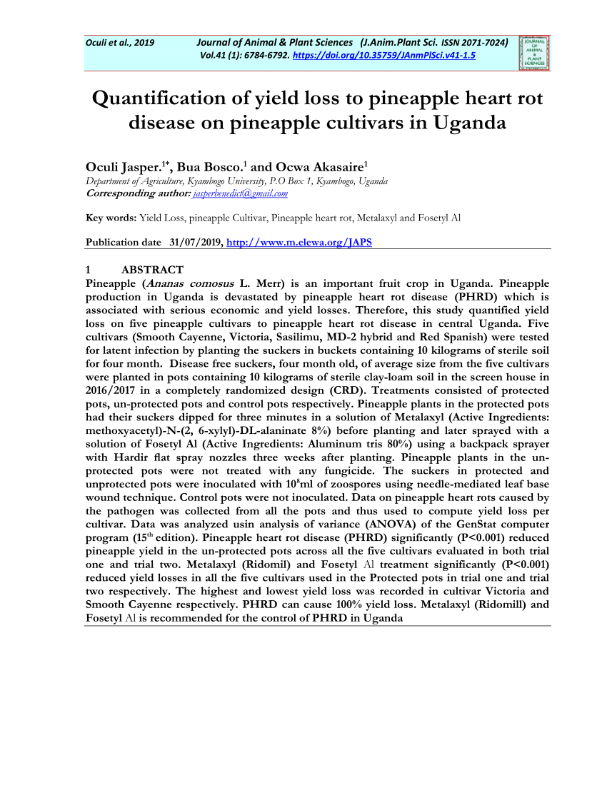 PDF) Quantification of yield loss to pineapple heart rot disease on  pineapple cultivars in Uganda