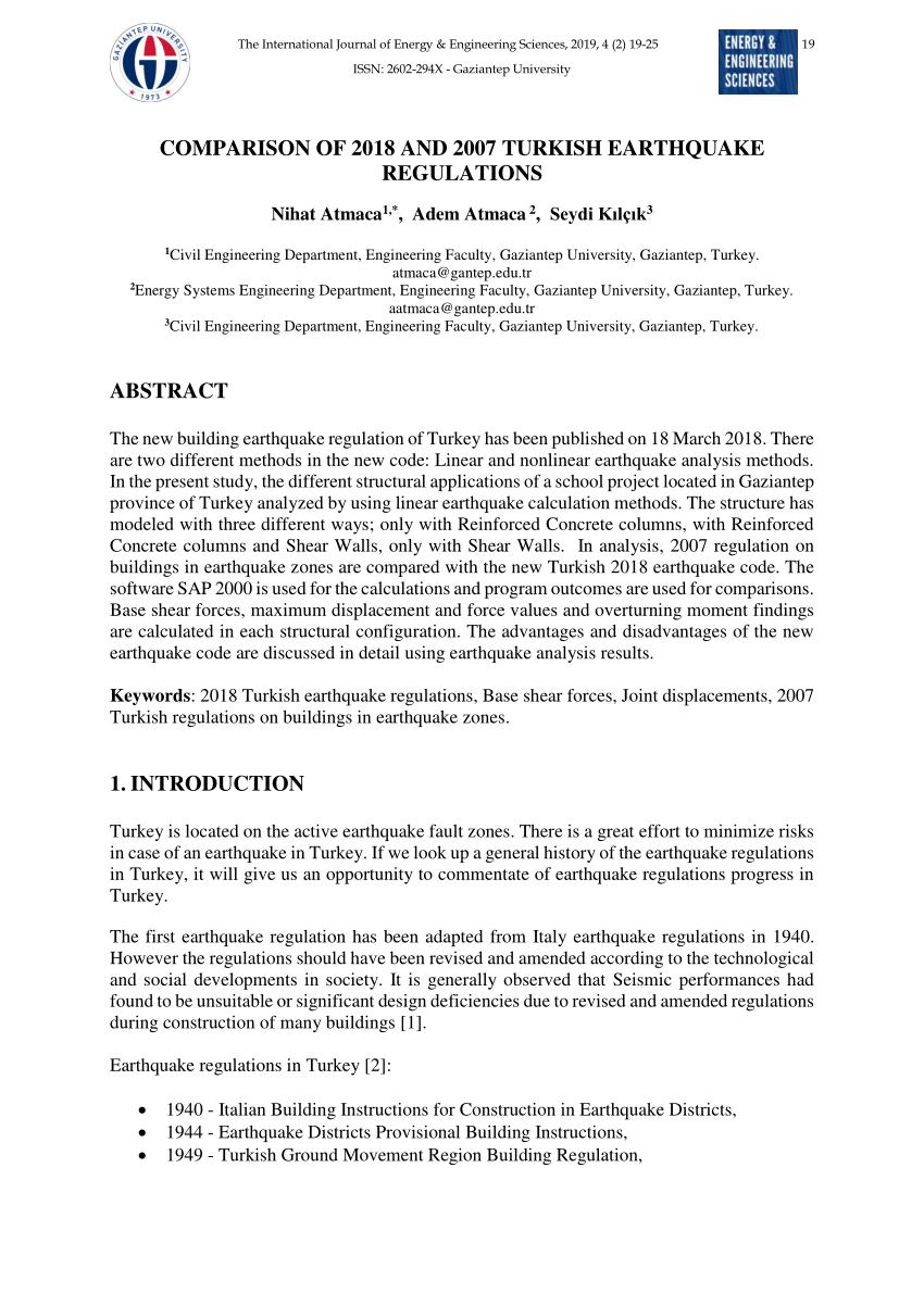 Pdf Comparison Of 2018 And 2007 Turkish Earthquake Regulations