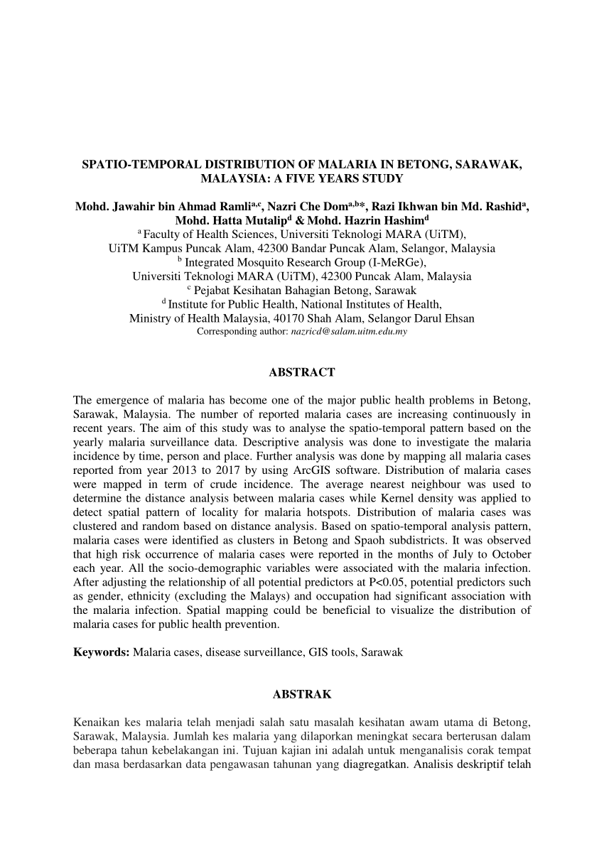 PDF) SPATIO-TEMPORAL DISTRIBUTION OF MALARIA IN BETONG, SARAWAK 