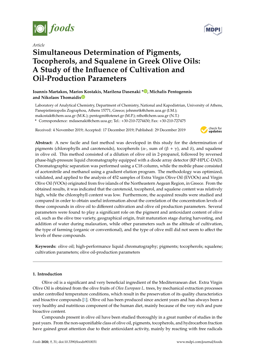 Pdf Simultaneous Determination Of Pigments Tocopherols And Squalene In Greek Olive Oils A Study Of The Influence Of Cultivation And Oil Production Parameters